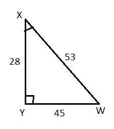 In ΔWXY, the measure of ∠Y=90°, XW = 53, YX = 28, and WY = 45. What is the value of the cosine of ∠X