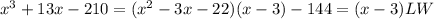 x^3+13x-210=(x^2-3x-22)(x-3)-144=(x-3)LW