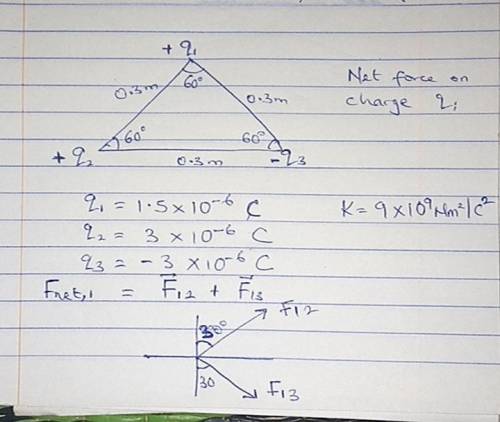 Three charges 1.5*10-6, 3*10-6, -3*10-6 are placed at three vertices of an equilateral triangle of s