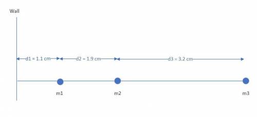 Three beads are placed along a thin rod. The first bead, of mass m1 = 23 g, is placed a distance d1