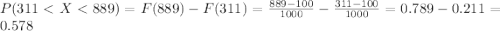 P(311 < X< 889)= F(889) -F(311) = \frac{889-100}{1000} -\frac{311-100}{1000}= 0.789- 0.211= 0.578
