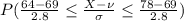 P(\frac{ 64 - 69}{2.8}\leq \frac{X - \nu }{\sigma}\leq \frac{ 78 - 69}{2.8})