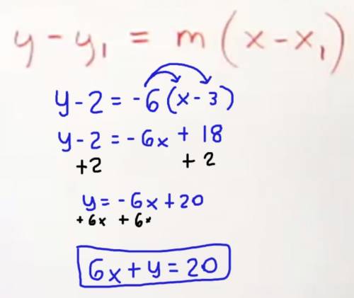 Write an equation in standard form for a line with a slope of -6 that includes the point (3,2).