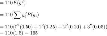 =110E(y^2)\\\\=110\displaystyle\sum y_i^2P(y_i)\\\\=110(0^2(0.50)+1^2(0.25)+2^2(0.20)+3^2(0.05))\\=110(1.5)=165