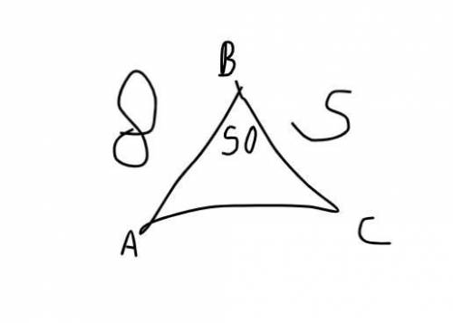 In triangle ABC, B = 50°, the length of side AB is 8 cm and the length of side BC is 5. Find the len
