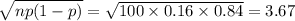 \sqrt{np(1-p)}=\sqrt{100\times 0.16\times 0.84}=3.67