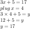3x + 5 = 17 \\ plug \: x = 4 \\ 3 \times 4 + 5 = y \\ 12 + 5 = y \\ y = 17