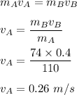 m_Av_A=m_Bv_B\\\\v_A=\dfrac{m_Bv_B}{m_A}\\\\v_A=\dfrac{74\times 0.4}{110}\\\\v_A=0.26\ m/s
