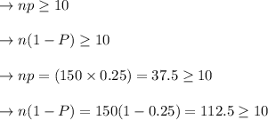 \to np \geq 10\\\\\to n(1-P) \geq 10\\\\\to np = (150 \times 0.25)= 37.5 \geq 10\\\\\to n(1-P) = 150(1 - 0.25) = 112.5\geq 10\\\\