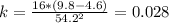k=\frac{16*(9.8-4.6)}{54.2^{2} } =0.028