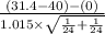 \frac{(31.4-40)-(0)}{1.015 \times \sqrt{\frac{1 }{24} +\frac{1 }{24}} }