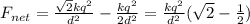 F_{net}=\frac{\sqrt 2kq^2}{d^2}-\frac{kq^2}{2d^2}=\frac{kq^2}{d^2}(\sqrt 2-\frac{1}{2})