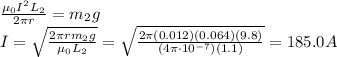 \frac{\mu_0 I^2 L_2}{2\pi r}=m_2 g\\I=\sqrt{\frac{2\pi r m_2 g}{\mu_0 L_2}}=\sqrt{\frac{2\pi(0.012)(0.064)(9.8)}{(4\pi \cdot 10^{-7})(1.1)}}=185.0 A