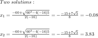 Two \ solutions: \\ \\ x_{1}=\frac{-60+\sqrt{60^2-4\left(-16\right)5}}{2\left(-16\right)}=-\frac{-15+7\sqrt{5}}{8}=-0.08 \\ \\ \\ x_{2}=\frac{-60+\sqrt{60^2-4\left(-16\right)5}}{2\left(-16\right)}= -\frac{-15+7\sqrt{5}}{8}=3.83