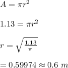 A=\pi r^2\\\\1.13=\pi r^2\\\\r=\sqrt{\frac{1.13}{\pi}}\\\\=0.59974\approx0.6\ m