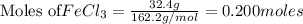 \text{Moles of} FeCl_3=\frac{32.4g}{162.2g/mol}=0.200moles