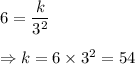 6 = \dfrac{k}{3^2}\\\\\Rightarrow k = 6\times 3^2 = 54