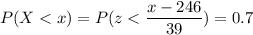 P( X < x) = P( z < \displaystyle\frac{x - 246}{39})=0.7