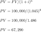 PV=FV/(1+i)^n\\\\PV=100,000/(1.045)^9\\\\PV=100,000/1.486\\\\PV=67,290