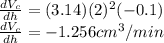 \frac{dV_c}{dh} = (3.14) (2)^2 (-0.1)\\\frac{dV_c}{dh}=-1.256cm^3/min