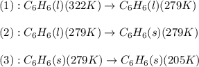 (1):C_6H_6(l)(322K)\rightarrow C_6H_6(l)(279K)\\\\(2):C_6H_6(l)(279K)\rightarrow C_6H_6(s)(279K)\\\\(3):C_6H_6(s)(279K)\rightarrow C_6H_6(s)(205K)