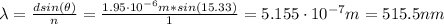 \lambda = \frac{dsin(\theta)}{n} = \frac{1.95 \cdot 10^{-6} m*sin(15.33)}{1} = 5.155 \cdot 10^{-7} m = 515.5 nm