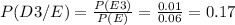 P(D3/E)= \frac{P(E3)}{P(E)} = \frac{0.01}{0.06}= 0.17