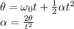 \theta=\omega_0t +\frac{1}{2}\alpha t^2\\\alpha=\frac{2\theta}{t^2}