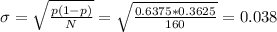 \sigma=\sqrt{\frac{p(1-p)}{N}}=\sqrt{\frac{0.6375*0.3625}{160}}=0.038
