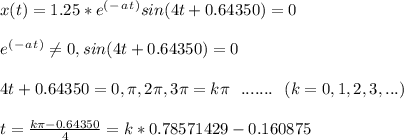 x(t) = 1.25*e^(^-^a^t^)sin(4t + 0.64350) = 0\\\\e^(^-^a^t^) \neq 0 , sin(4t + 0.64350) = 0\\\\4t + 0.64350 = 0 , \pi , 2\pi , 3\pi = k\pi\ \ .......\ \ (k = 0, 1 , 2 , 3 , ...)\\\\t = \frac{k\pi - 0.64350}{4} = k*0.78571429 - 0.160875