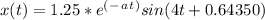 x(t) = 1.25*e^(^-^a^t^)sin(4t + 0.64350)