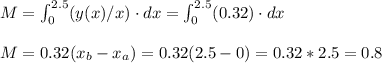 M=\int_0^{2.5}(y(x)/x)\cdot dx=\int_0^{2.5}(0.32)\cdot dx\\\\M=0.32(x_b-x_a)=0.32(2.5-0)=0.32*2.5=0.8
