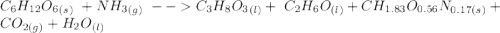 C_6H_{12}O_6_{(s)}} \ + NH_3_{(g)} \ -- C_3H_8O_3_{(l)}+ \ C_2H_6O_{(l)} +CH_{1.83}O_{0.56}N_{0.17(s)}+CO_{2(g)}+ H_2O_{(l)}