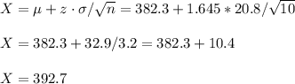 X=\mu+z\cdot \sigma/\sqrt{n}=382.3+1.645*20.8/\sqrt{10}\\\\X=382.3+32.9/3.2=382.3+10.4\\\\X=392.7
