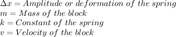 \Delta x=Amplitude\hspace{3}or\hspace{3}d eformation\hspace{3} of\hspace{3} the\hspace{3} spring\\m=Mass\hspace{3}of\hspace{3}the\hspace{3}block\\k=Constant\hspace{3}of\hspace{3}the\hspace{3}spring\\v=Velocity\hspace{3}of\hspace{3}the\hspace{3}block