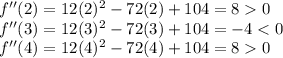 f''(2)=12(2)^2-72(2)+104=80\\f''(3)=12(3)^2-72(3)+104=-40