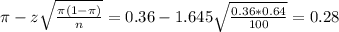 \pi - z\sqrt{\frac{\pi(1-\pi)}{n}} = 0.36 - 1.645\sqrt{\frac{0.36*0.64}{100}} = 0.28
