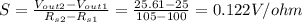 S=\frac{V_{out2}-V_{out1}}{R_{s2}-R_{s1} } =\frac{25.61-25}{105-100} =0.122V/ohm