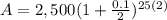 A=2,500(1+\frac{0.1}{2})^{25(2)}