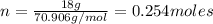 n = \frac{18 g}{70.906 g/mol} =0.254 moles