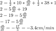 2=\frac{1}{2}*10*\frac{db}{dt}+ \frac{1}{2}*38*1\\2=5\frac{db}{dt}+19\\2-19=5\frac{db}{dt}\\-17=5\frac{db}{dt}\\\frac{db}{dt}=-\frac{17}{5} =-3.4 cm/min