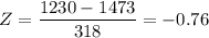 Z = \dfrac{1230-1473}{318} =  -0.76