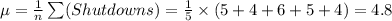 \mu=\frac{1}{n}\sum (Shutdowns)=\frac{1}{5}\times (5+4+6+5+4)=4.8