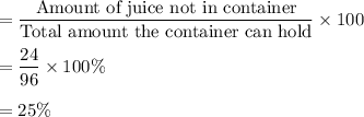 =\dfrac{\text{Amount of juice not in container}}{\text{Total amount the container can hold}}\times 100\5\\\\=\dfrac{24}{96}\times 100\%\\\\=25\%