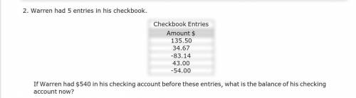 Warren had 5 entries in his checkbook. If warren had $540 in his checking account before these entri