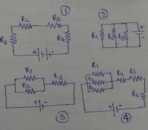 1) draw a simple circuit with a voltage source and four resistors wired in series  2) draw a simple