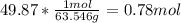 49.87 * \frac{1 mol}{63.546 g} = 0.78mol