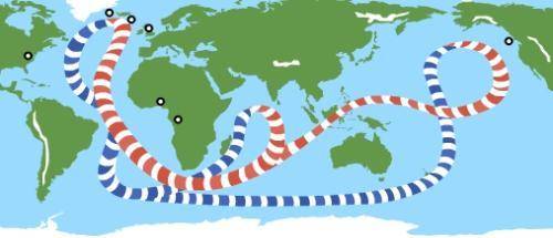 The diagram shows the thermohaline circulation, also know as the ocean's conveyor belt. Which statem
