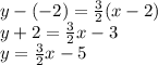 y-(-2)=\frac{3}{2}(x-2) \\ y+2=\frac{3}{2}x-3 \\ y=\frac{3}{2}x-5