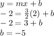 y=mx+b\\-2=\frac{3}{2}(2)+b \\ -2=3+b \\ b=-5